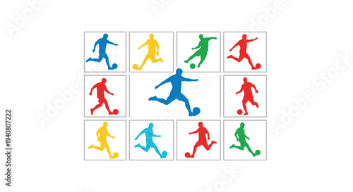 Twelve stylized, multi-colored silhouettes of soccer players in kicking poses are arranged in a grid, with one large central figure.