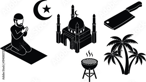 Flat silhouette isometric showing praying man mosque crescent cleaver grill palm trees during ramadan celebration kneeling beard prayer mat black