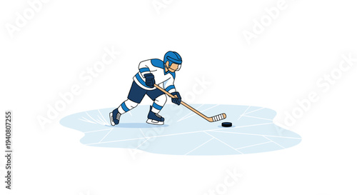 A stylized ice hockey player in a blue and white uniform skates across a cracked ice surface, dribbling a black puck.