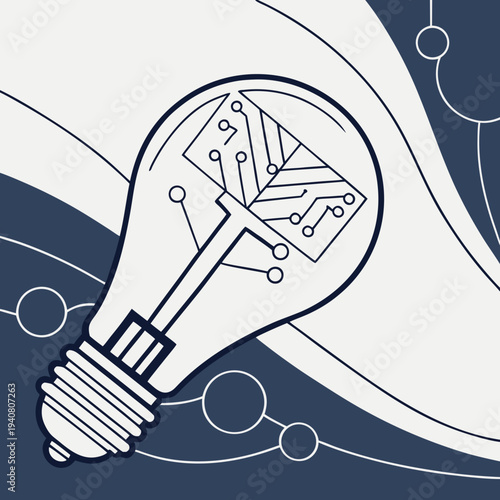 Light bulb with circuit board inside, symbolizing technological innovation and smart ideas