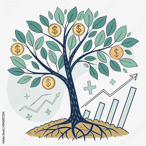 Financial growth tree with coins and stock market graphs, illustrating investment and economic progress