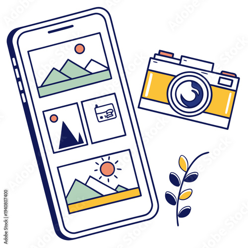 Smartphone gallery app with photos and camera, digital photography and media sharing concept, isometric illustration