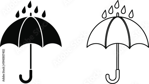 Umbrellas with raindrops black and white isolated on transparent background, Vector
