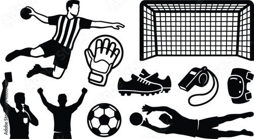 Flat design soccer action icons goalkeeper diving save striker shooting goal net referee whistle card glove cleats set celebration silhouette