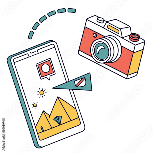 Vintage Camera and Smartphone Illustrating Photography and Travel Memories, Vector Art