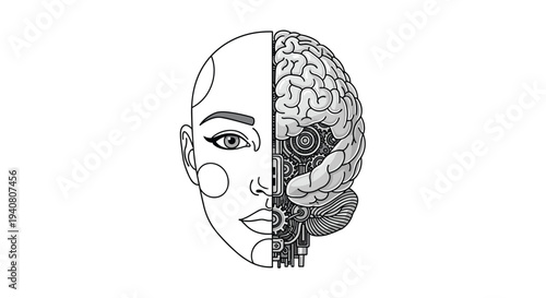 A grayscale illustration depicts a human female face on the left side, merging seamlessly with a detailed robotic brain on the right.