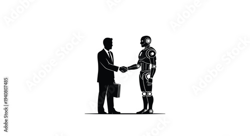 A black and white silhouette depicts a businessman holding a briefcase shaking hands with a humanoid robot, symbolizing a formal agreement.
