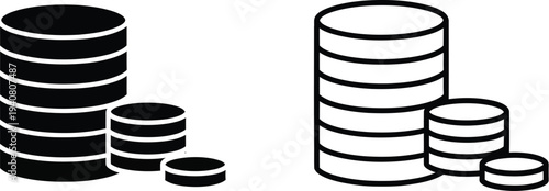 Coins stacked in black and white isolated on transparent background, Vector