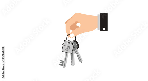 A single hand with a beige skin tone and a black suit cuff holds three silver keys on a ring, including one shaped like a house.