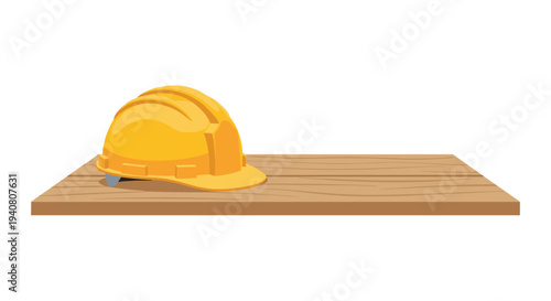 A bright yellow hard hat with a textured surface rests securely on a flat, light brown wooden plank against a plain white background.