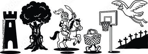 Line art playful icon showing knight on horse tower smiling tree walking picnic basket basketball hoop dove and cemetery hill