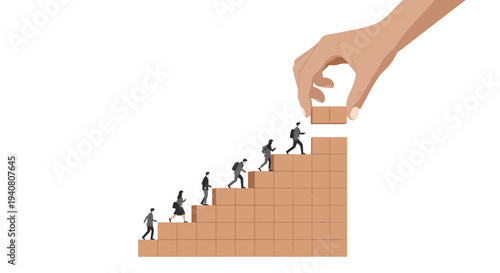 A large hand places a final brown block onto a staircase, which a line of seven small business people are ascending.