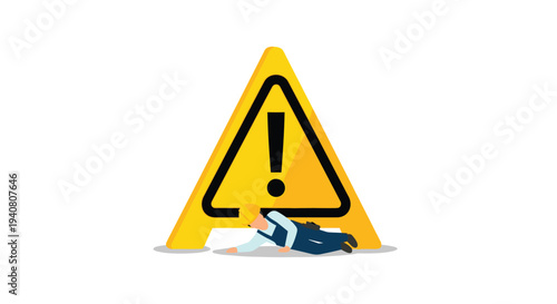 A small construction worker in a blue uniform lies fallen on the ground in front of a giant yellow triangular warning sign.