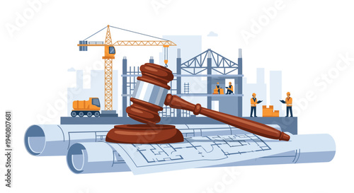 A large wooden gavel rests on two rolled architectural blueprints, with an active construction site visible in the background.