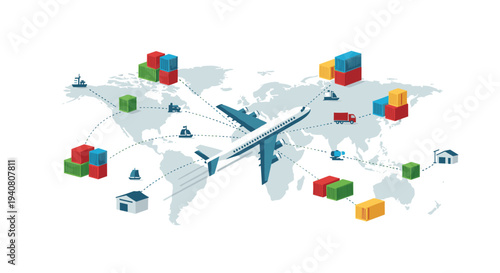 A comprehensive flat vector illustration visualizes global logistics, displaying a white airplane traversing a world map with interconnected shipping containers and various transport icons.