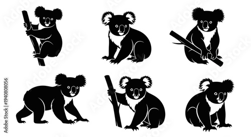 Koala Silhouette Collection: Six Poses of Australian Marsupial on White Background