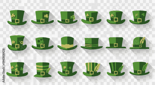 Collection of green st patrick's day top hats with shamrocks and buckles on transparent background