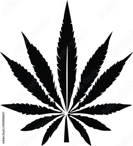 Stylized black silhouette of a cannabis sativa leaf showcasing its iconic serrated edges and distinct seven-pointed lobed structure, symbolizing herbal medicine, wellness, or recreational use.