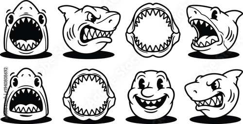 Tattoo flash shark head set multiple expressions front and profile views open mouth bold black line art cartoon smiling vector