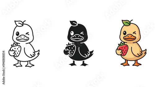 Three cartoon ducks holding strawberries, different styles