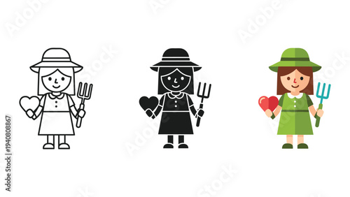 Set of three farmer characters holding pitchforks and hearts