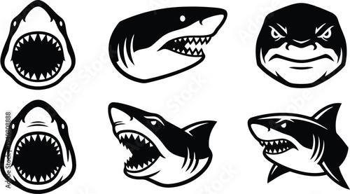 Mascot logo style set of six aggressive shark head variations facing different angles with open jaws showing teeth bold vector