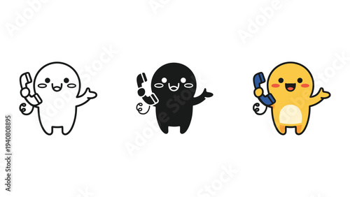 Cute cartoon character in three different colors and styles