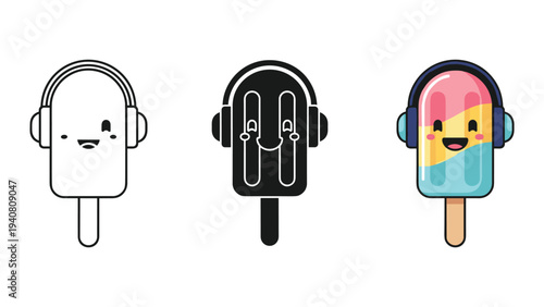 Cartoon ice lollies wearing headphones in different styles