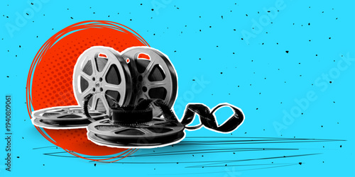 A trendy halftone collage in pop art style. Film strips, reels, film industry equipment, and entertainment industry symbols on a blue background. Vector illustration.