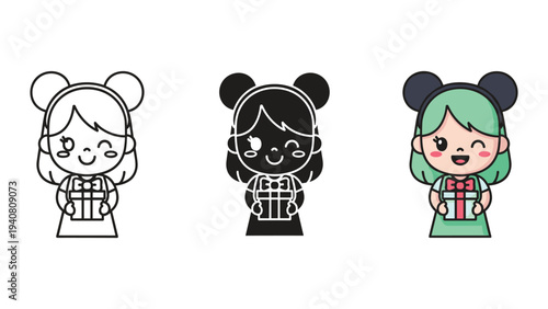 Three cartoon girls with mouse ears, one black and white and one colored