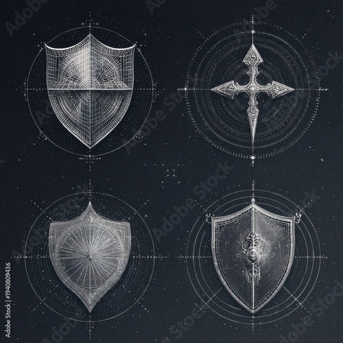 Censorship Symbols Transformed Into Protective Corporate Shields on a Dark Background With White Space for Text and Minimal Look in a Detailed Editorial Sketch