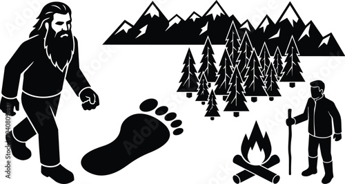 Flat vector silhouette close up sasquatch walking beside giant footprint with hiker by campfire mountain pine forest snow capped peaks