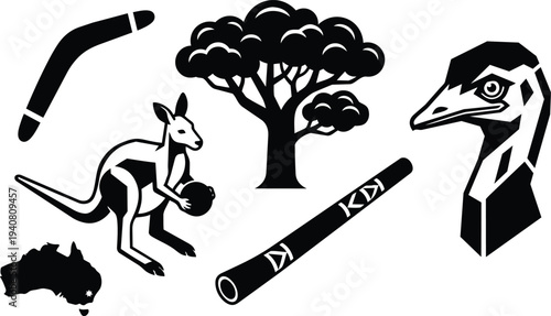 Flat vector australian icons set kangaroo holding ball boomerang didgeridoo emu head gum tree map of australia silhouette black minimal