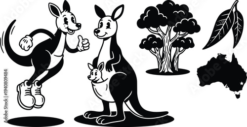 Retro cartoon mascot style jumping kangaroo with sneakers and thumbs up mother kangaroo with joey and eucalyptus australia silhouette tree