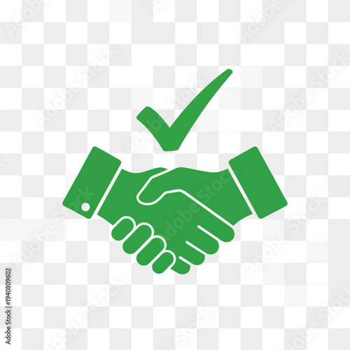 Green Handshake with Checkmark Icon Representing Successful Business Agreement, Partnership, Trust, or Verified Cooperation and Completion