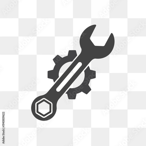 A minimalist graphic illustration of a wrench and gear, symbolizing repair, industry, and mechanics