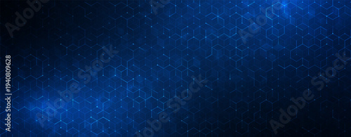 Futuristic hexagonal grid background. Abstract tech digital interface. 3D isometric cubes. Glowing lines and dots. HUD, AI science, big data visualization. Modern cyber system design. VR presentation
