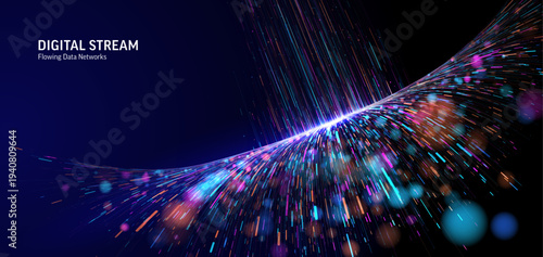 Dynamic digital stream. Abstract multi-color wave of tech particles. Futuristic network connection for big data, AI, high-speed information systems, business and science innovation. Light flow concept