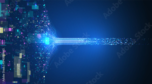 Dynamic digital data flow background. High-speed information stream with abstract particles and pixel blocks. Modern network connection concept for AI business, big data technology, science innovation