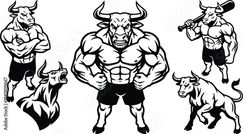 Tattoo flash muscular bull mascot front view flexing arms with clenched fists black and white vector art close up aggressive