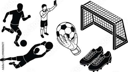 Flat vector soccer icon set with goalkeeper diving player running referee showing card ball boots and goal net hand glove