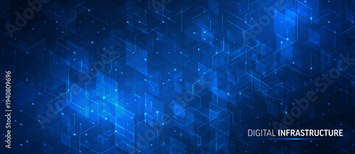 Digital infrastructure network. Isometric platform, cubes connected by lines. Abstract cloud, AI blockchain technology concept. Futuristic blue background. Big data server systems, business innovation