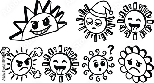 Doodle line art sun emoji icon set showing eight expressive sun faces with tongue wink sleepy angry and sad expressions