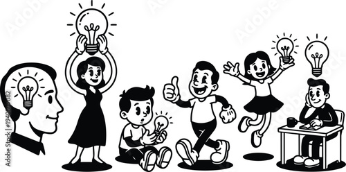 Retro cartoon group holding lightbulb ideas showing smiling thinker child jumping adult giving thumbs up seated with bold linework
