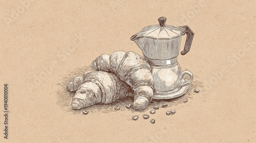Premium Cafe Wall Art Featuring Croissants and Espresso Pot on Textured Beige Paper Background in Simple Line Illustration