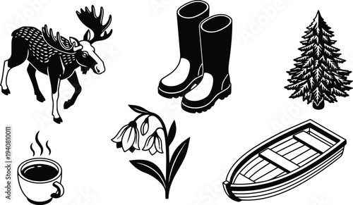 Woodcut style black line icons moose rubber boots fir tree steaming coffee cup snowdrop flower wooden rowboat set isolated vector