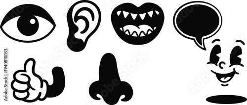 Flat design icon set close up vintage cartoon facial features eye ear nose mouth hand thumb speech bubble smiling face