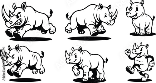 Cartoon mascot line art rhinoceros set showing charging running walking waving and smiling poses in bold black vector sheet collection