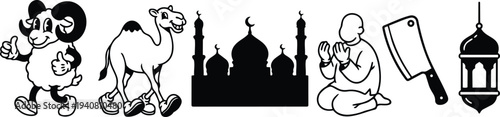Flat design qurban icon set with smiling ram camel mosque praying man meat cleaver and lantern for eid al adha