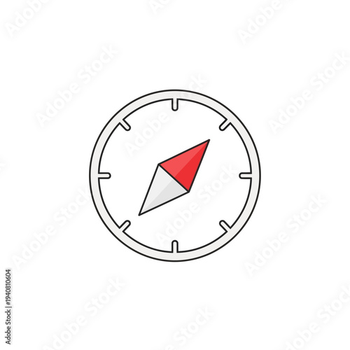 A minimalist compass icon with a red and white needle indicating direction, symbolizing navigation, exploration, and guidance